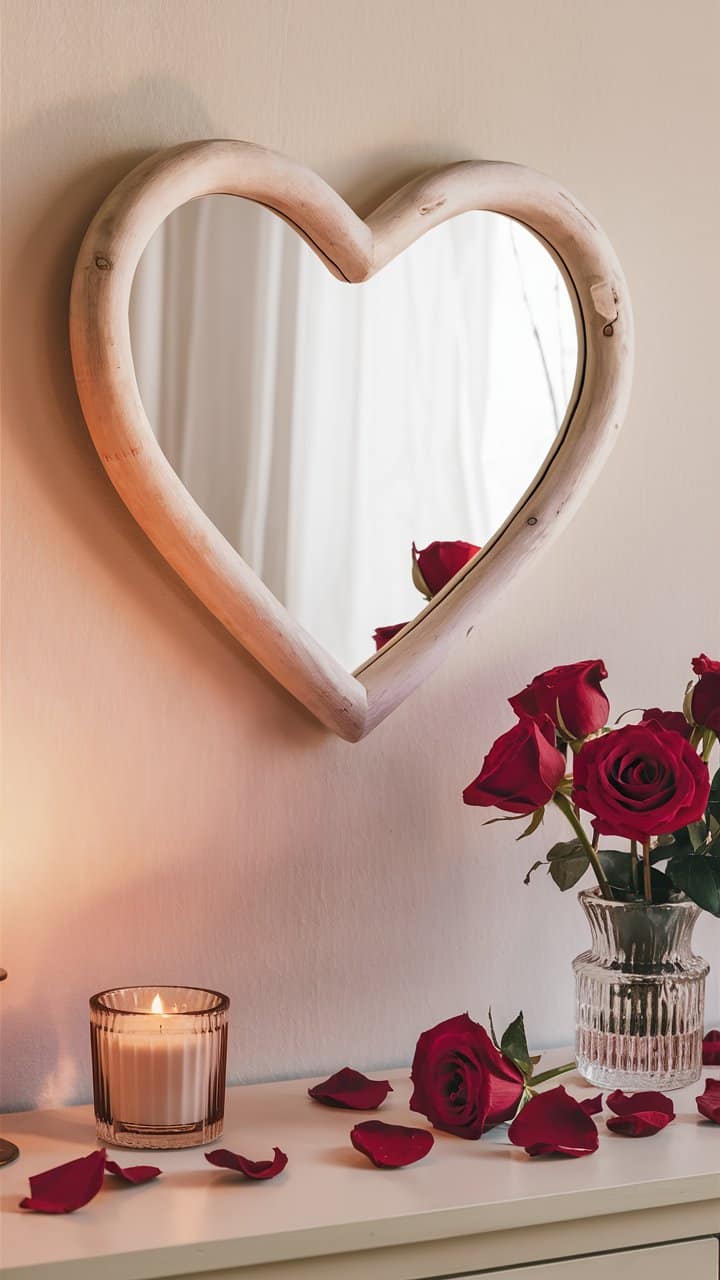 Miroir cœur, roses rouges, bougie allumée.
