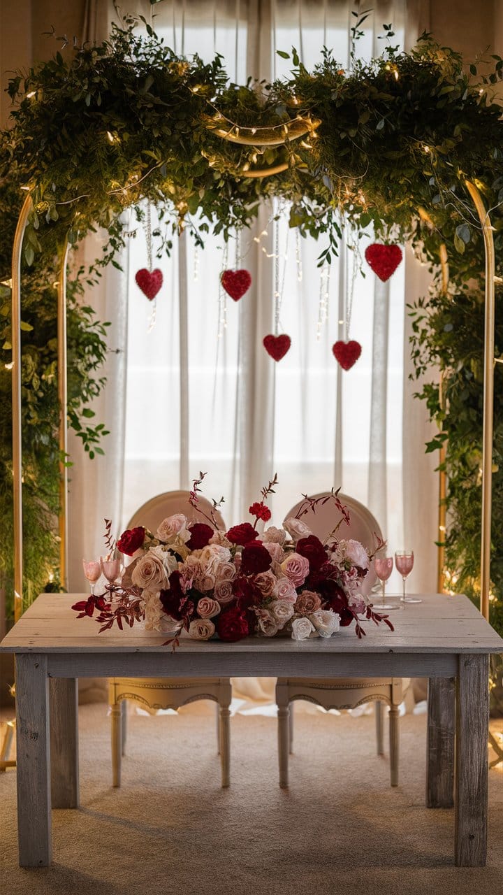 Table décoration florale romantique avec coeurs suspendus.