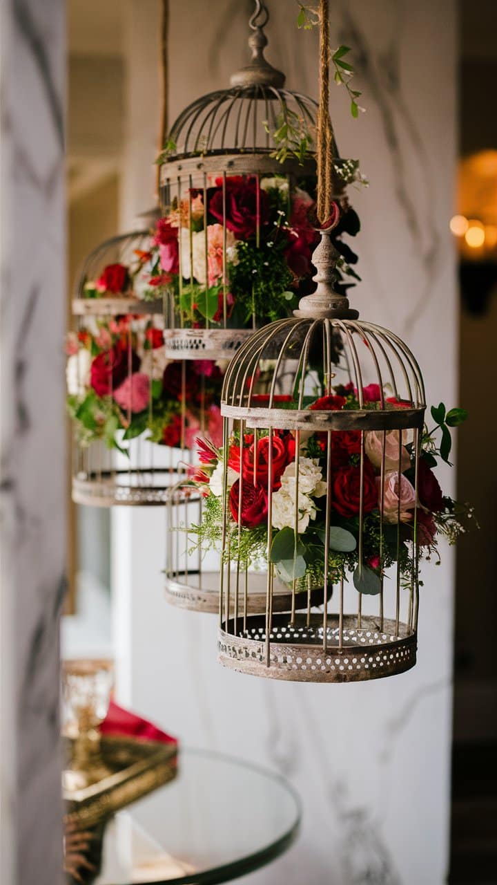Cages suspendues avec fleurs colorées à l'intérieur.