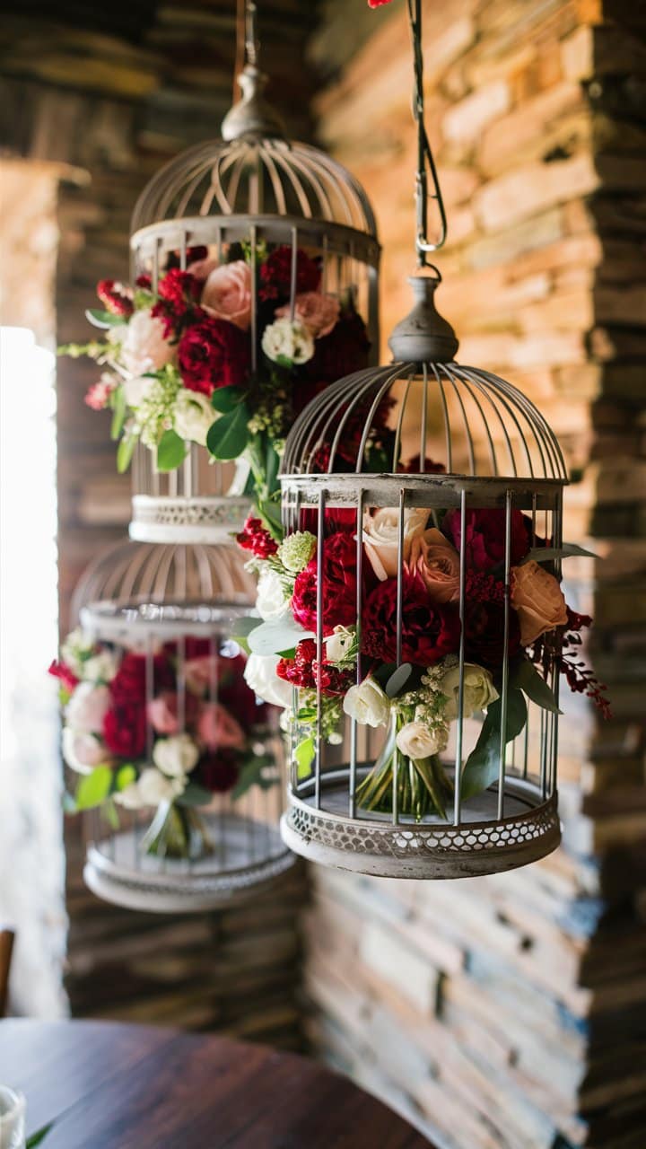 Bouquets colorés dans cages suspendues, fond en pierre.