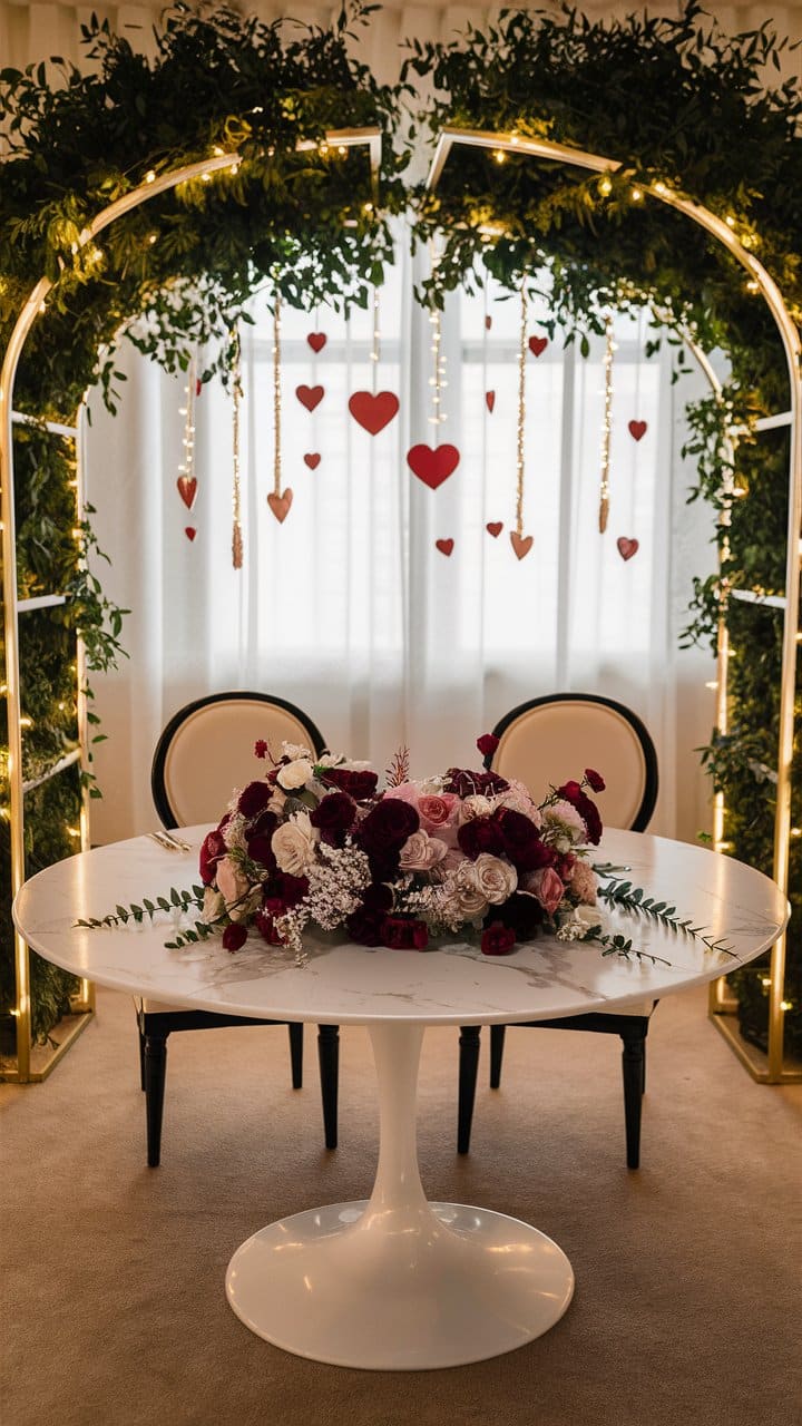 Table de mariage décorée avec fleurs et coeurs suspendus.