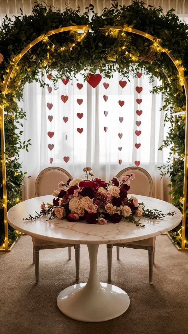Table décorée fleurs, arche feuillage, cœurs suspendus.
