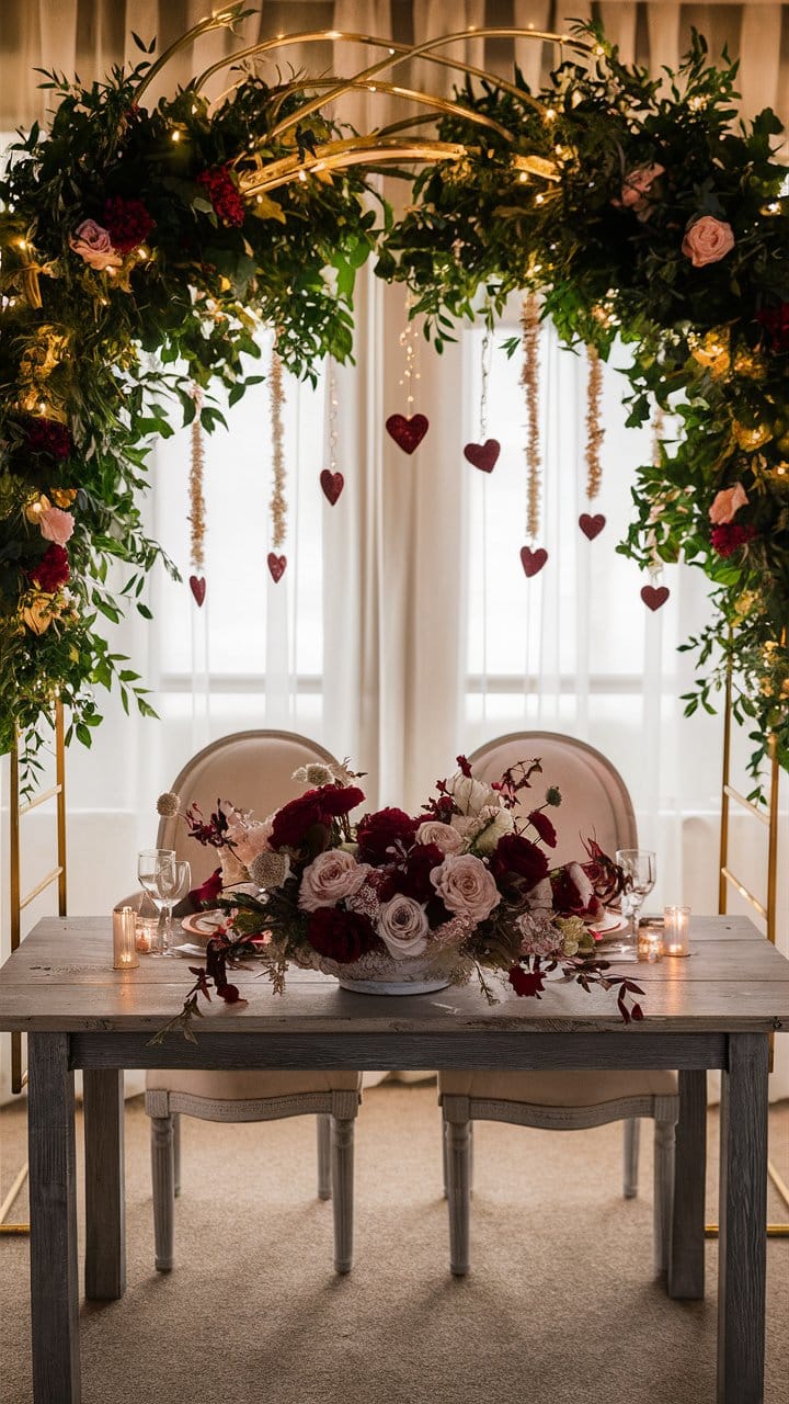 Table décorée pour mariage avec fleurs et bougies.
