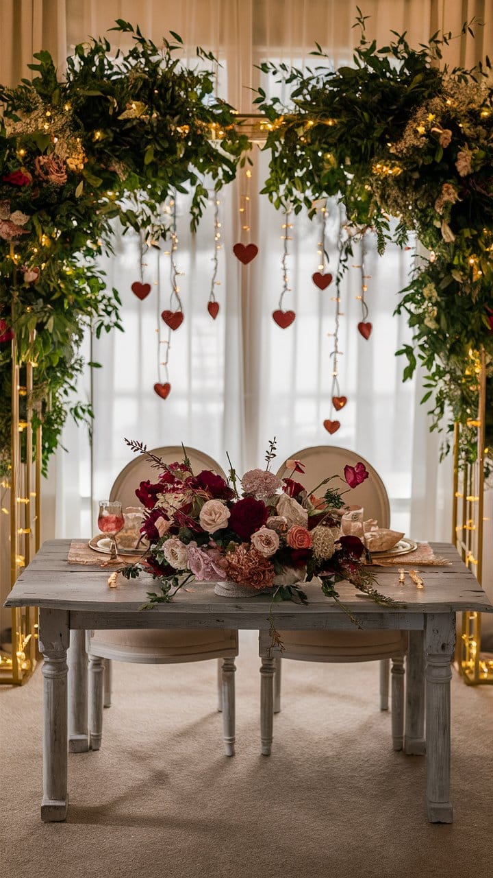 Table romantique avec fleurs et guirlandes lumineuses