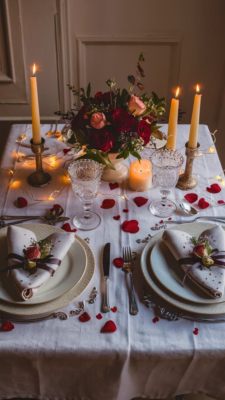 Table romantique avec bougies et roses rouges.