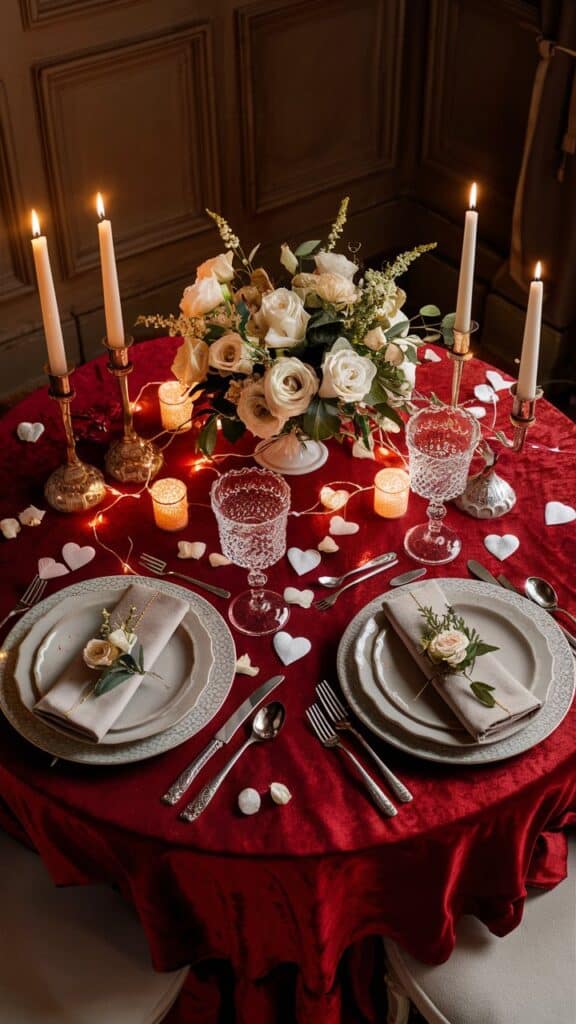 Table romantique avec roses blanches et bougies.