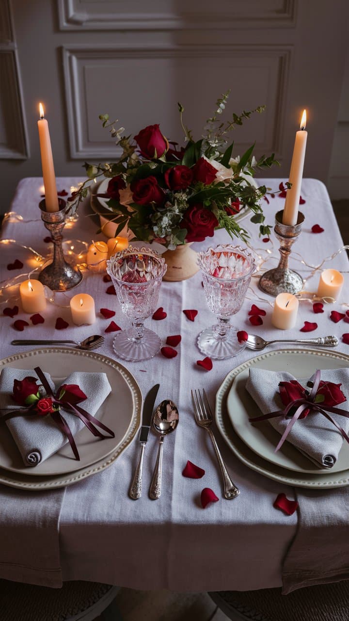 Table romantique avec roses, bougies et pétales rouges.