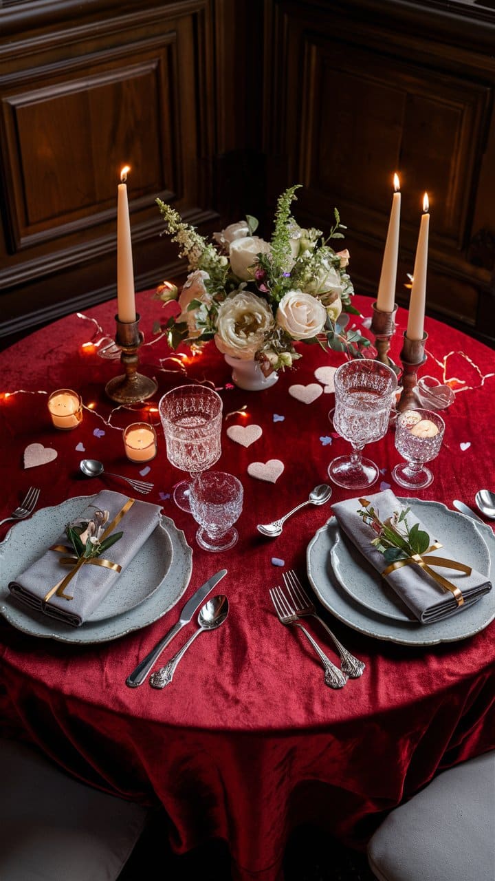 Table romantique, décorée avec bougies et fleurs.