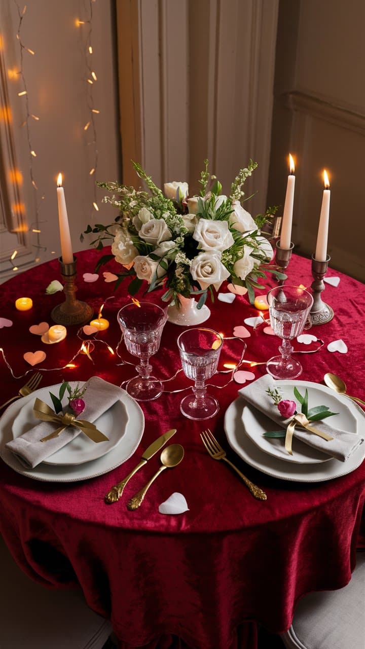 Table romantique avec fleurs et bougies.