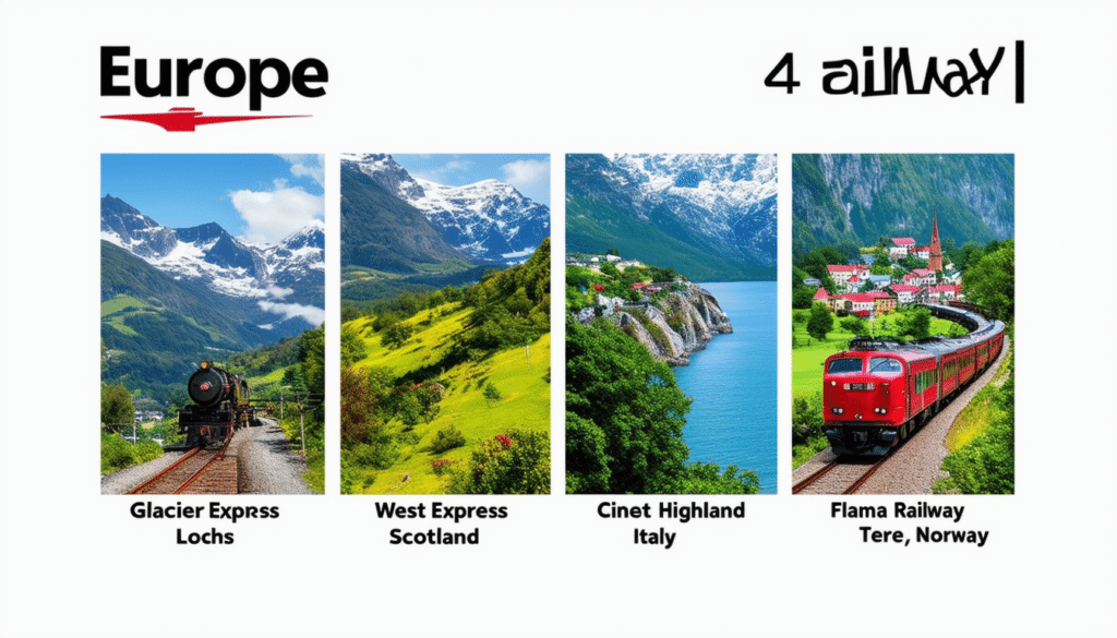 parcourez l'europe de manière inoubliable en découvrant les 4 parcours ferroviaires les plus époustouflants. admirez des paysages à couper le souffle, des montagnes majestueuses aux vallées verdoyantes, et laissez-vous séduire par une expérience de voyage unique en train.