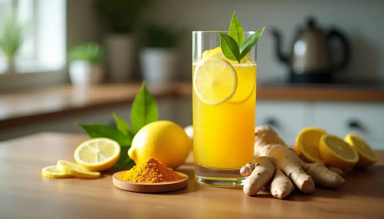 Jus de citron, curcuma et gingembre sur table.