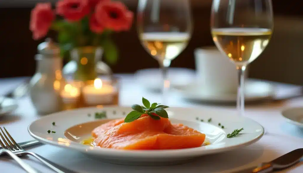 Assiette de saumon et verres de vin, table élégante.