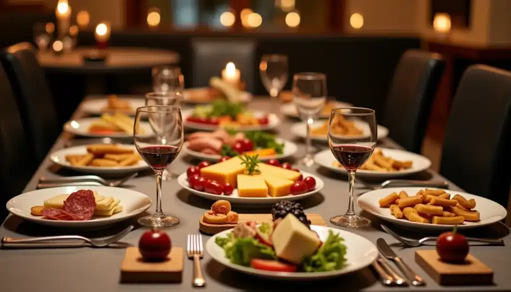 Dîner élégant avec vin et fromage.