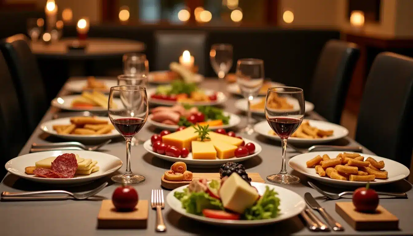 Dîner élégant avec vin et fromage.