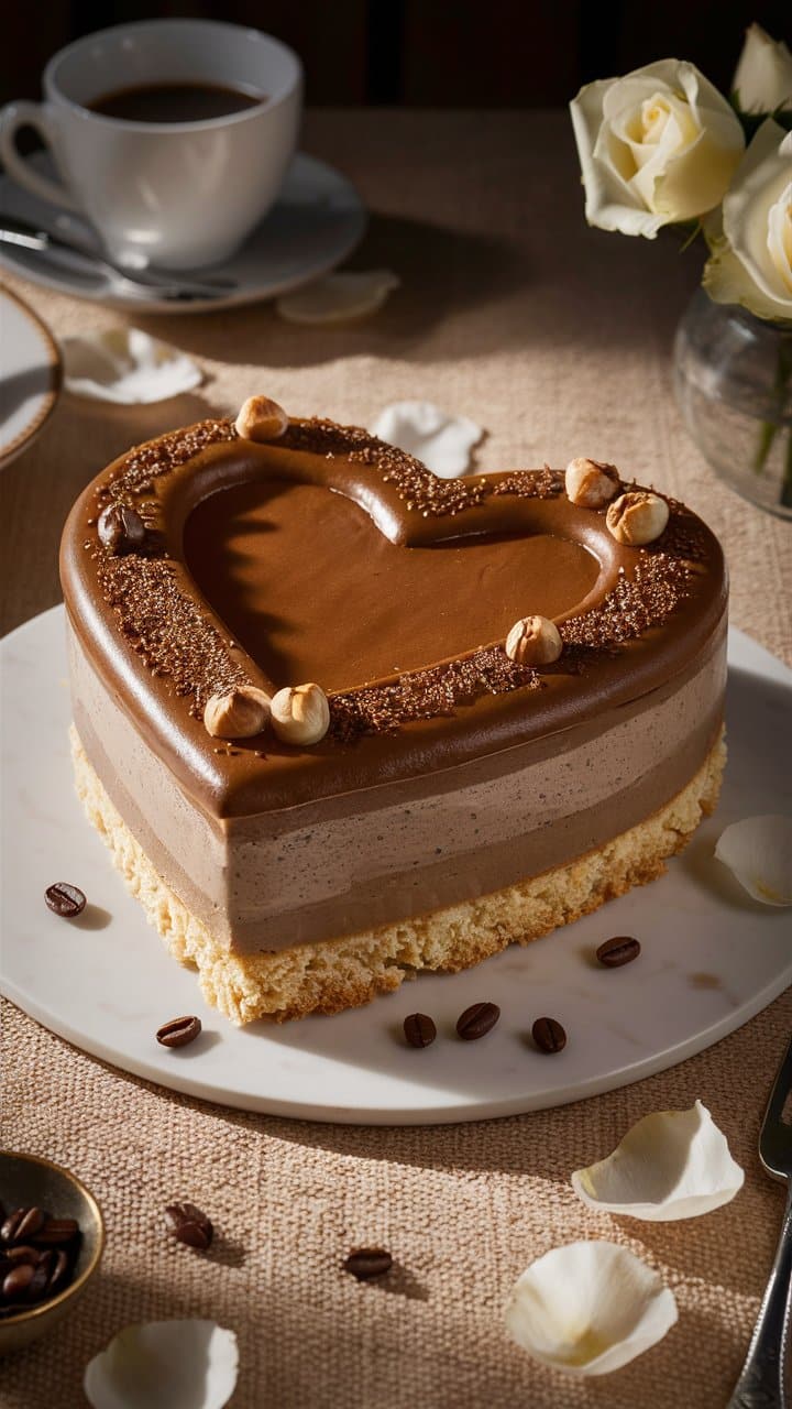 Gâteau cœur chocolat avec noisettes sur assiette.