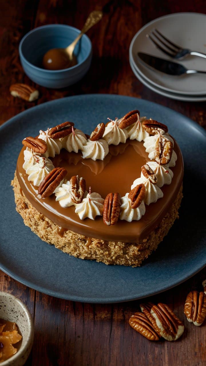 Gâteau cœur caramel noix sur assiette bleue.