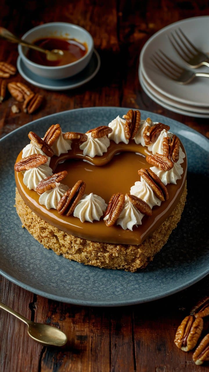 Gâteau cœur caramel avec noix de pécan.