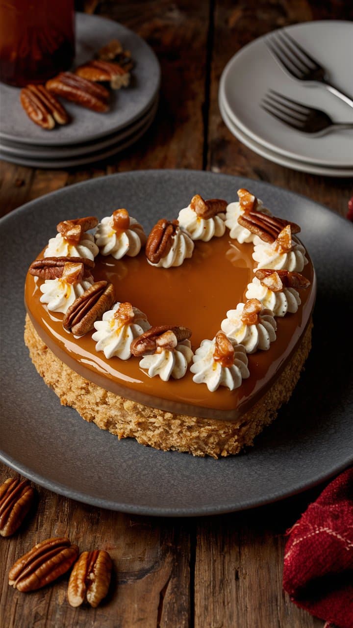 Gâteau caramel et noix de pécan sur assiette grise.
