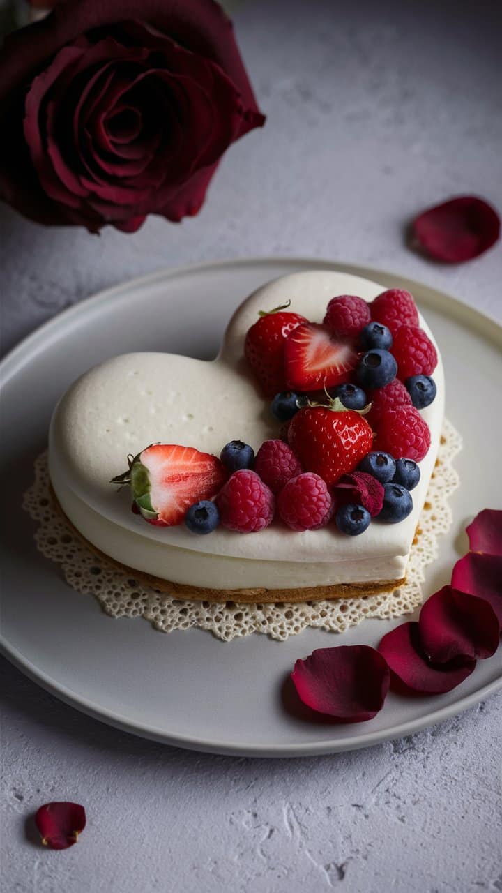 Gâteau cœur fruits rouges, décoré de roses rouges.