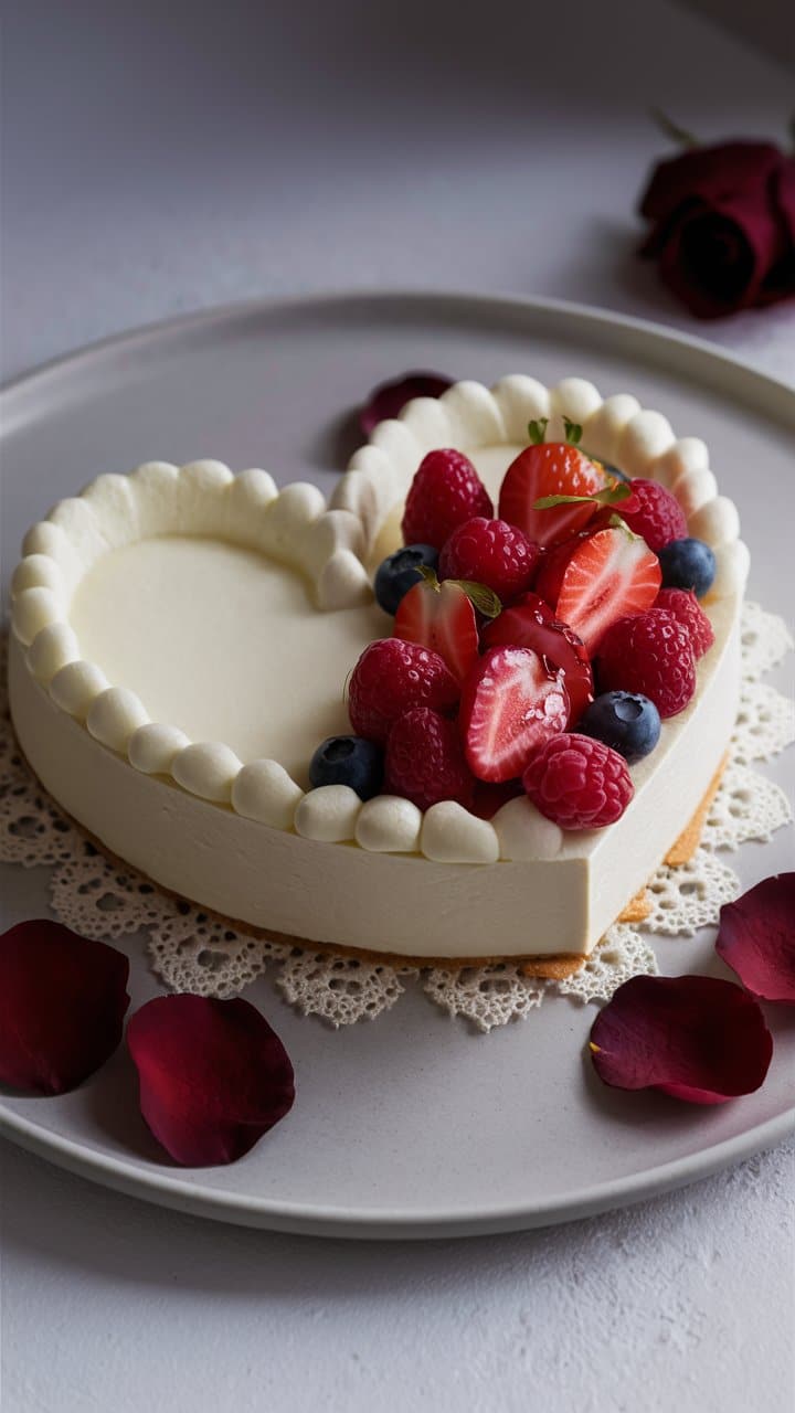 Gâteau cœur avec fruits rouges et crème.