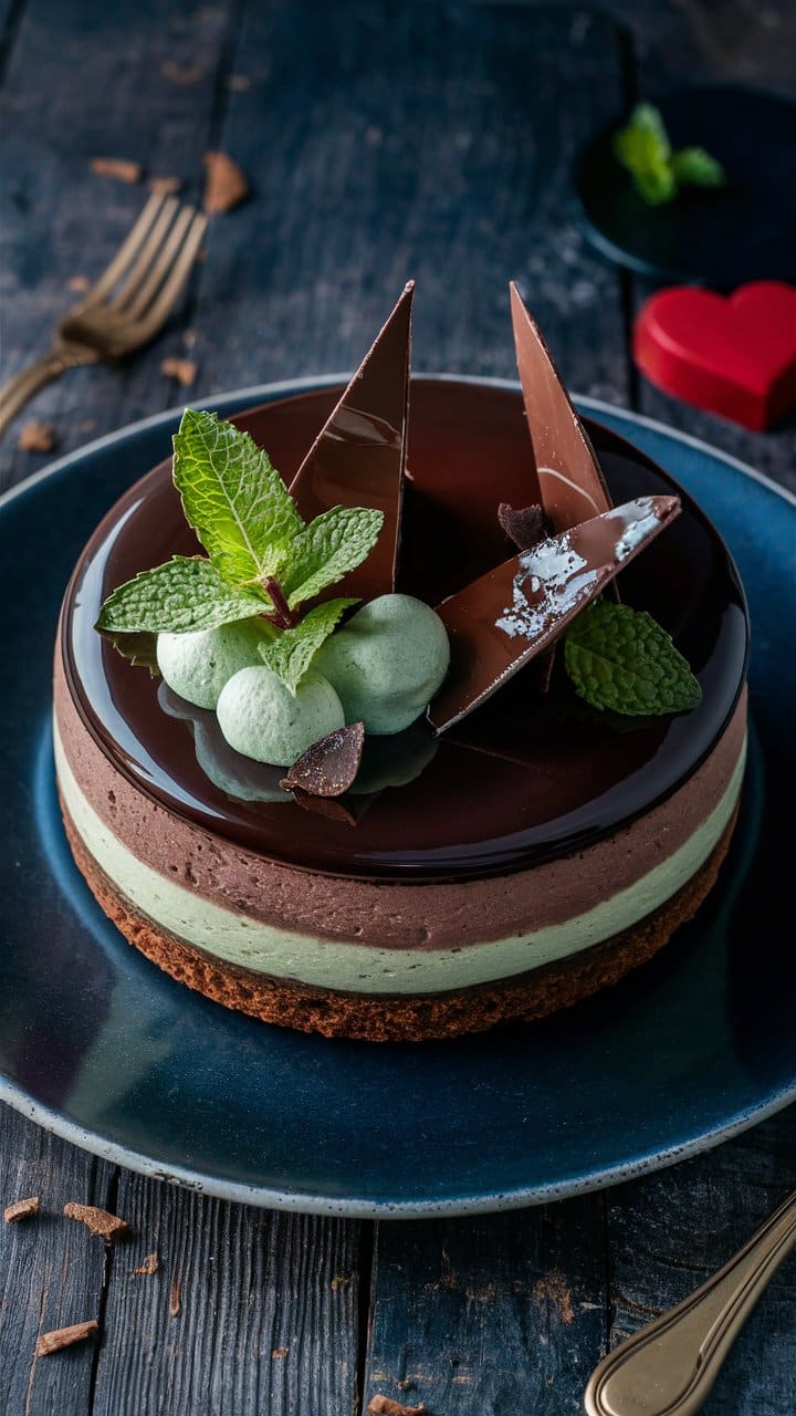 Gâteau chocolat menthe décoré de feuilles fraîches