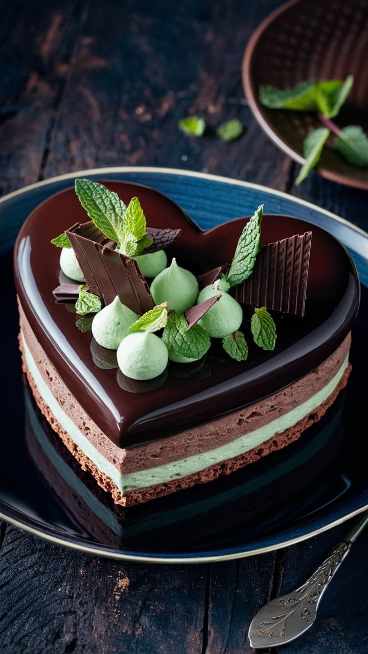 Gâteau cœur chocolat menthe, décoré feuilles et chocolat.