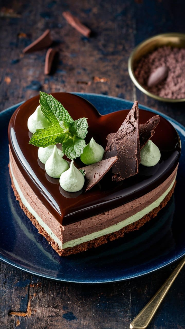 Gâteau cœur chocolat avec menthe et ganache.