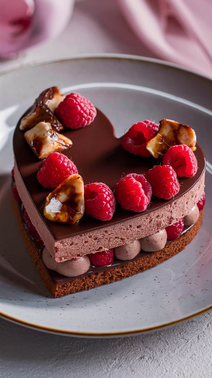 Gâteau chocolat framboise en forme de cœur.