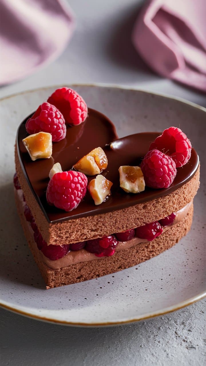 Gâteau chocolat cœur avec framboises et noisettes.