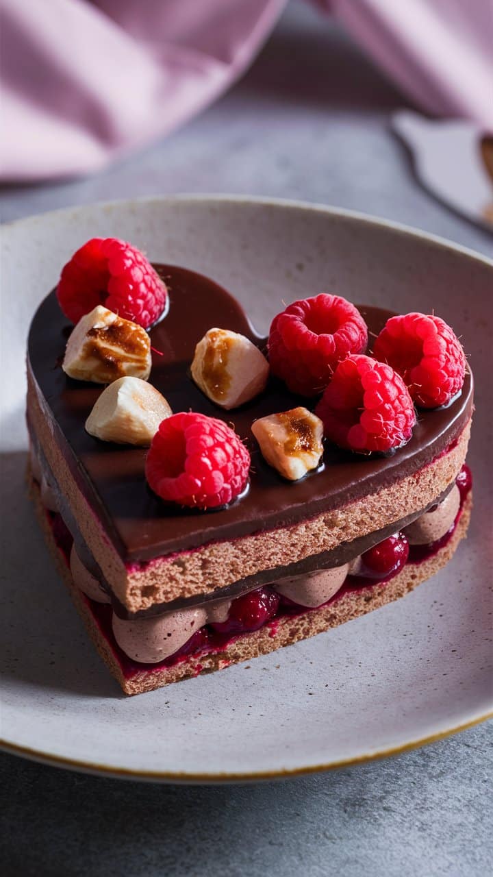 Gâteau chocolat en cœur avec framboises et noisettes.