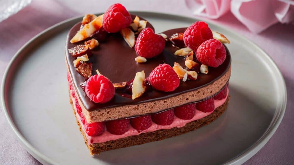 Gâteau cœur au chocolat et framboises sur assiette grise.