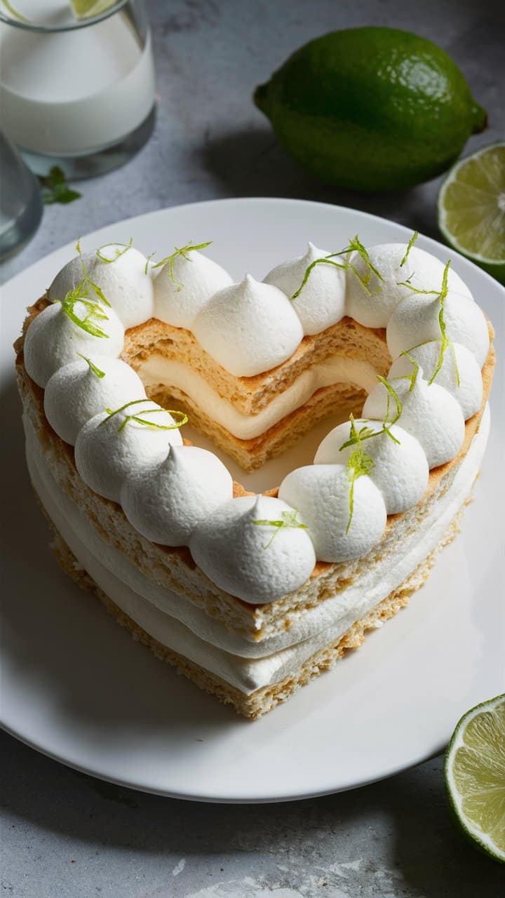 Gâteau cœur au citron vert meringué.