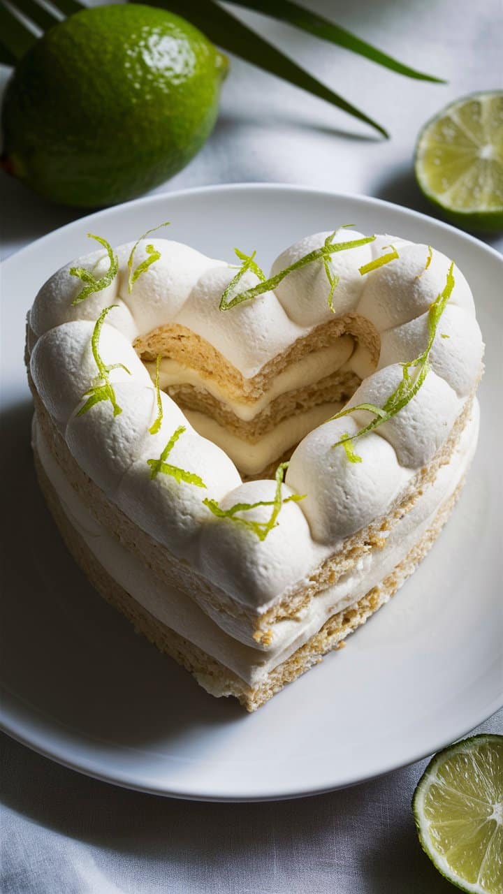 Gâteau en forme de cœur, décoré de citron vert.