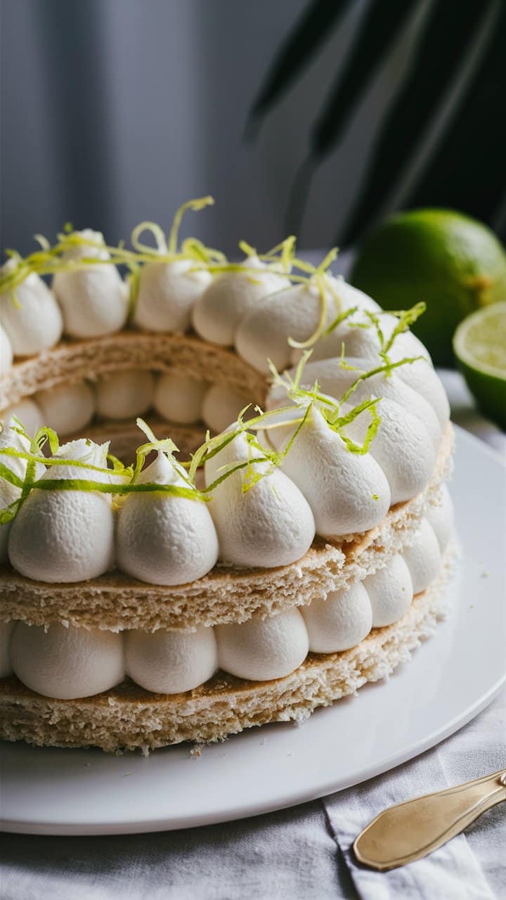 Gâteau meringué au citron vert sur assiette blanche.