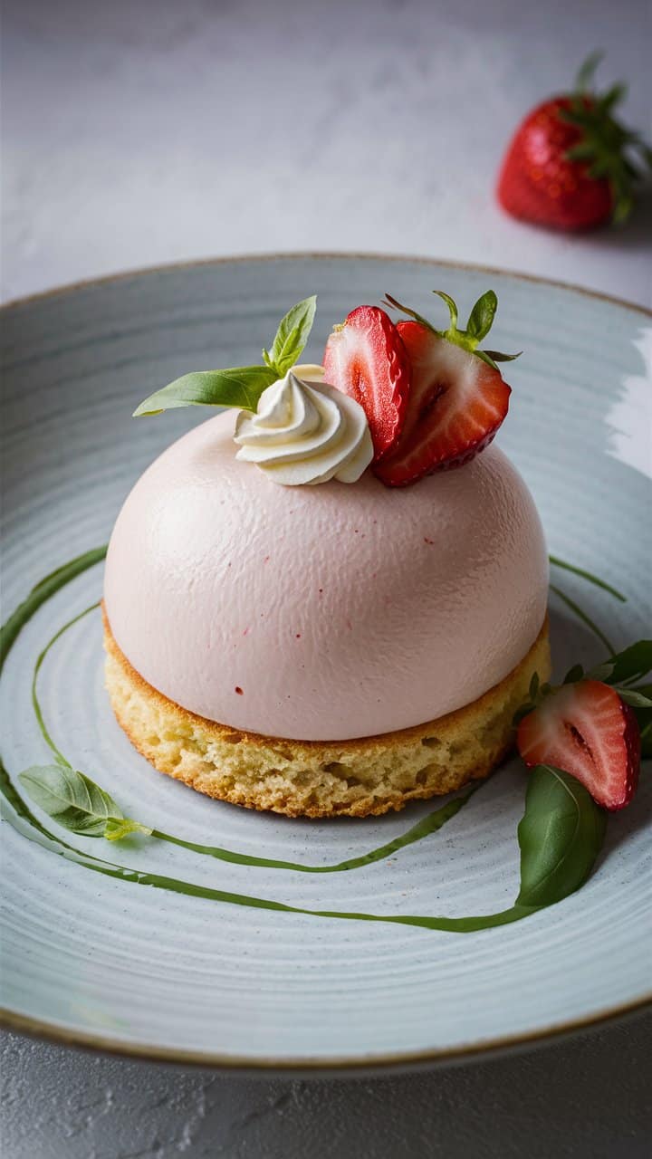 Gâteau mousse fraise sur biscuit, décoré de fraises.