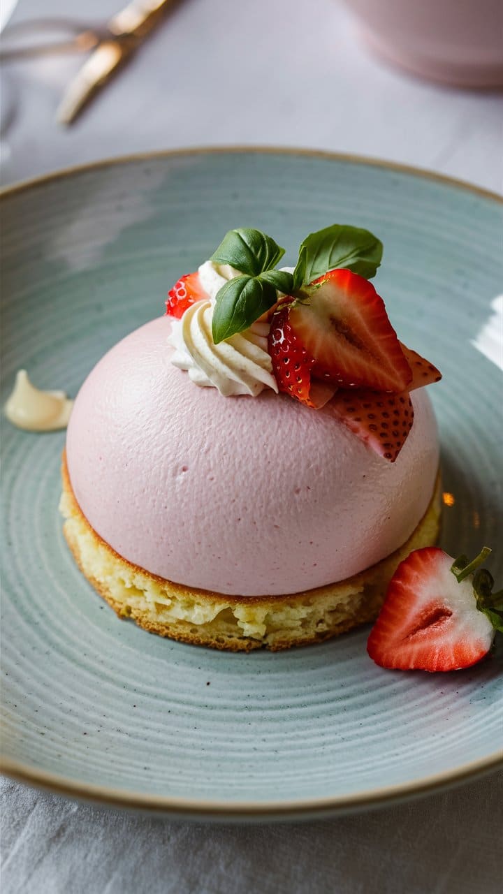 Gâteau à la mousse rose, fraises et basilic.