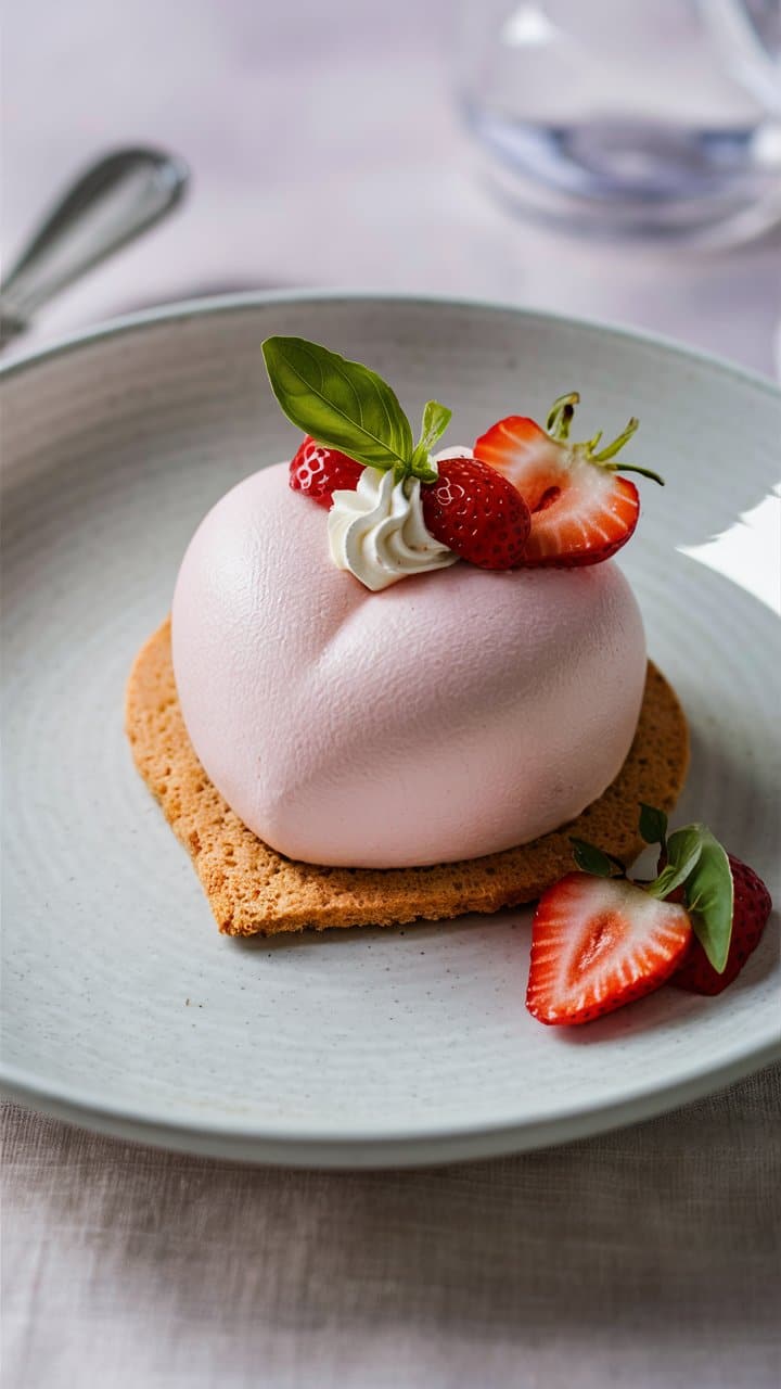 Dessert rose, fraises, basilic, chantilly, sur assiette blanche.