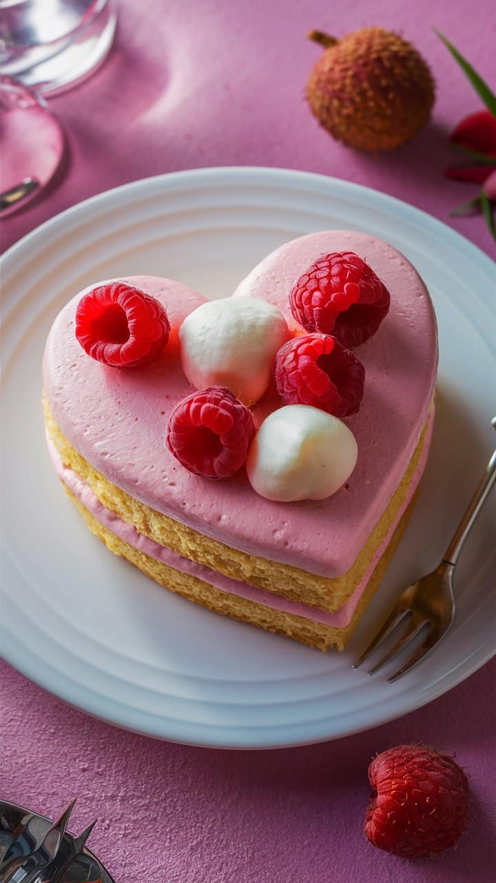 Gâteau en cœur avec framboises et crème.