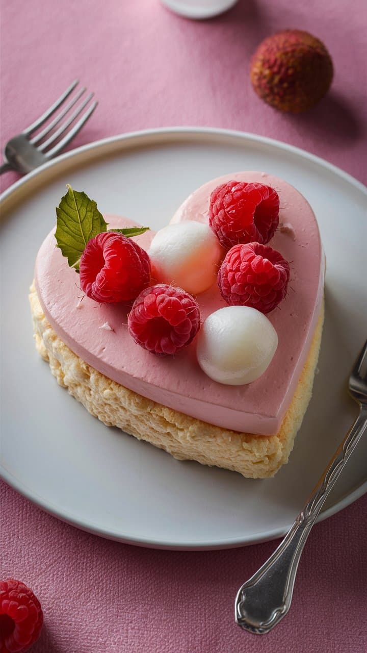 Gâteau cœur rose avec framboises et litchis.