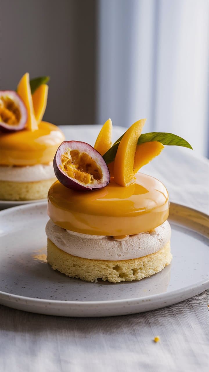 Dessert exotique avec fruits de la passion et mangue.