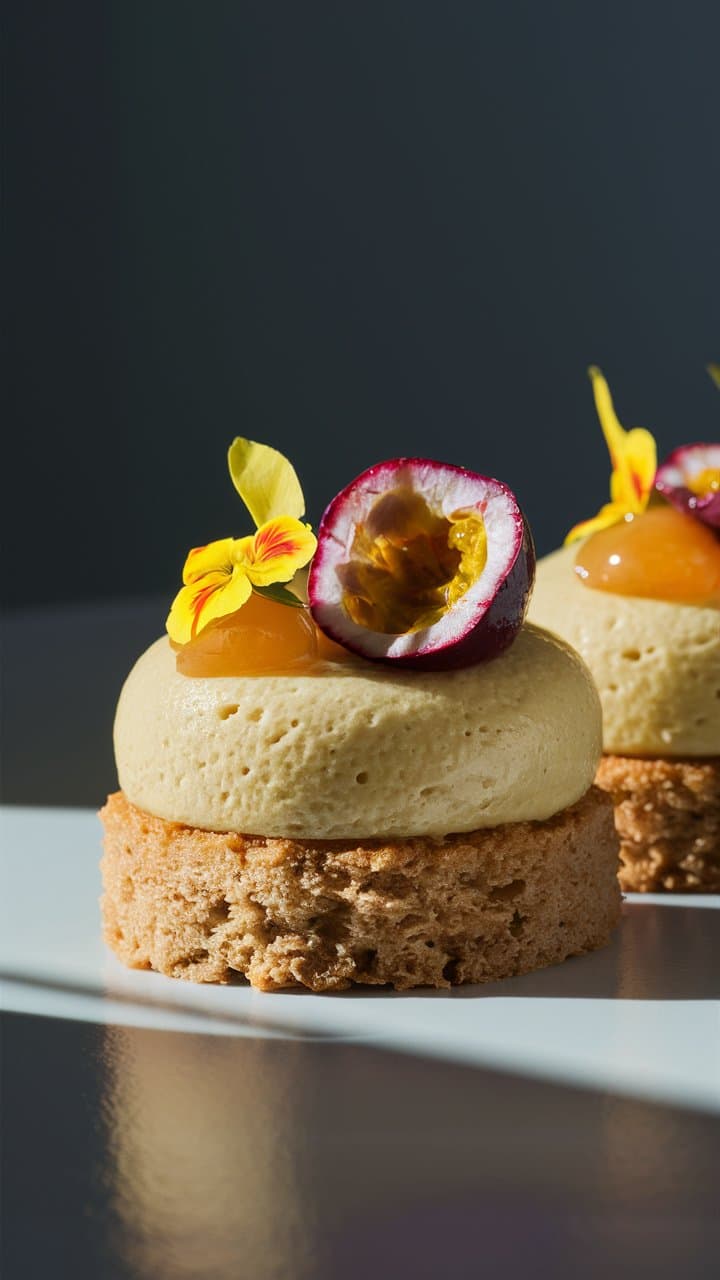 Dessert moderne avec fruits exotiques et fleurs comestibles.