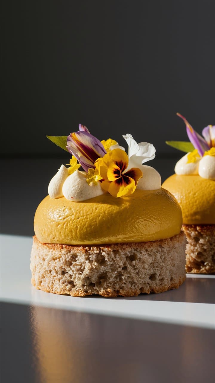 Gâteau à fleurs comestibles sur crème jaune.