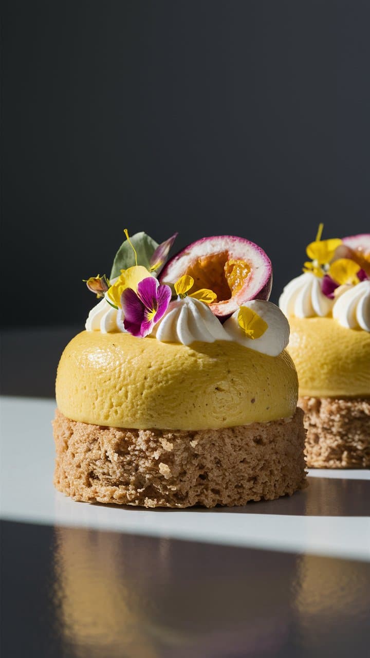 Gâteau tropical avec fruits et fleurs comestibles.