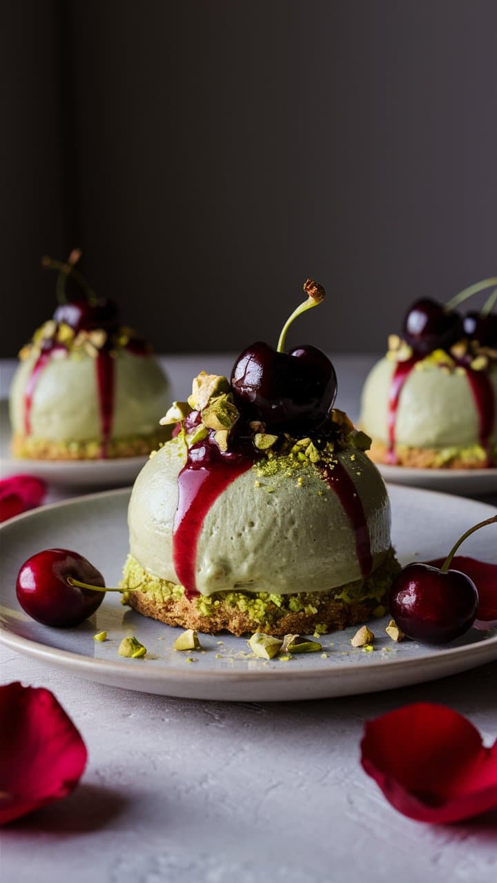 Dessert pistache cerise avec pistaches et coulis rouge.