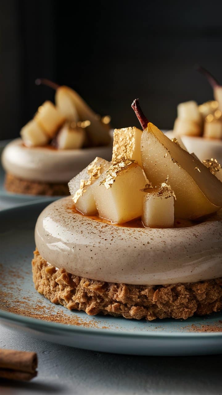 Dessert épicé aux poires et feuille d'or.
