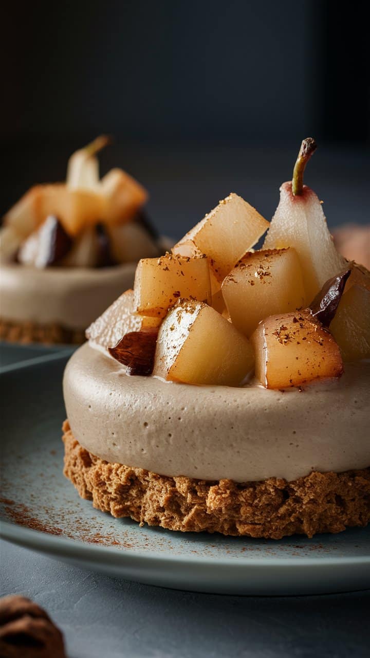 Tarte aux poires caramélisées sur assiette bleue.