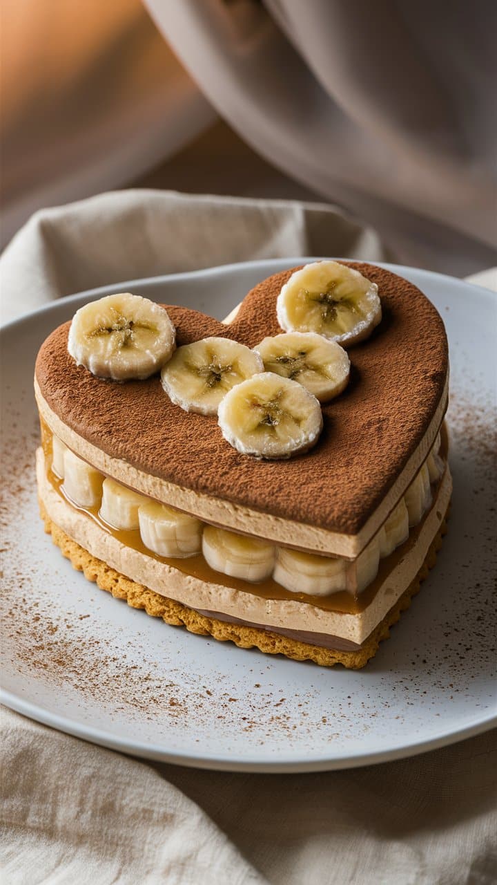 Gâteau cœur chocolat banane sur assiette blanche.