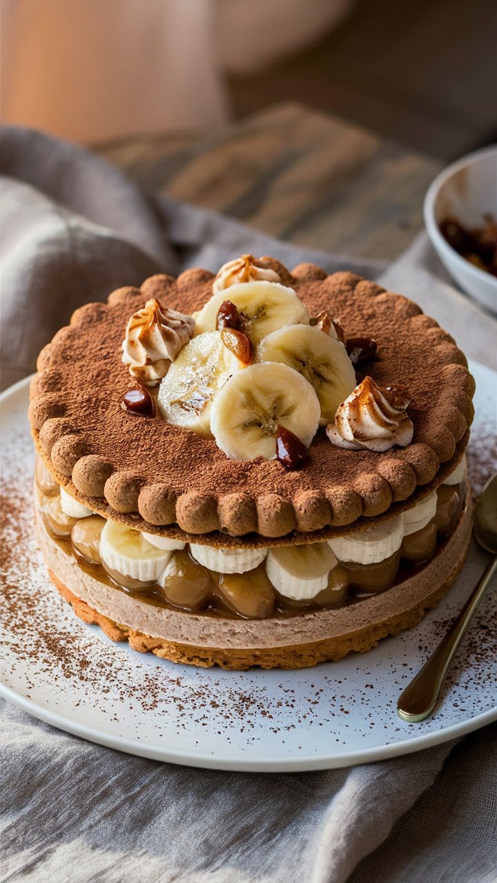 Gâteau banoffee avec crème et bananes tranchées.