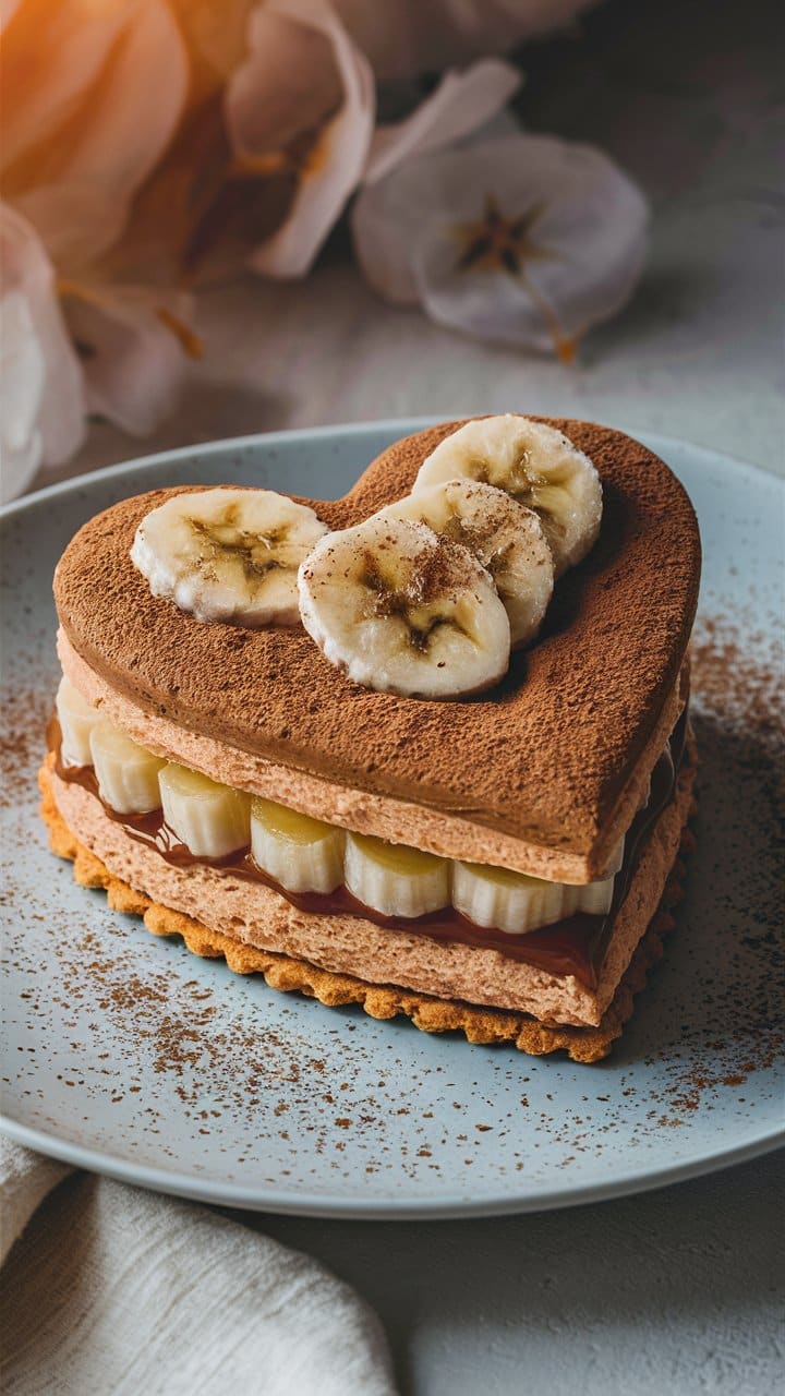 Gâteau au chocolat et banane en forme de cœur.