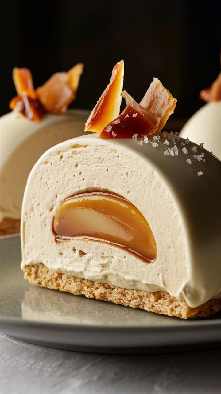 Entremet vanille et caramel sur assiette grise.